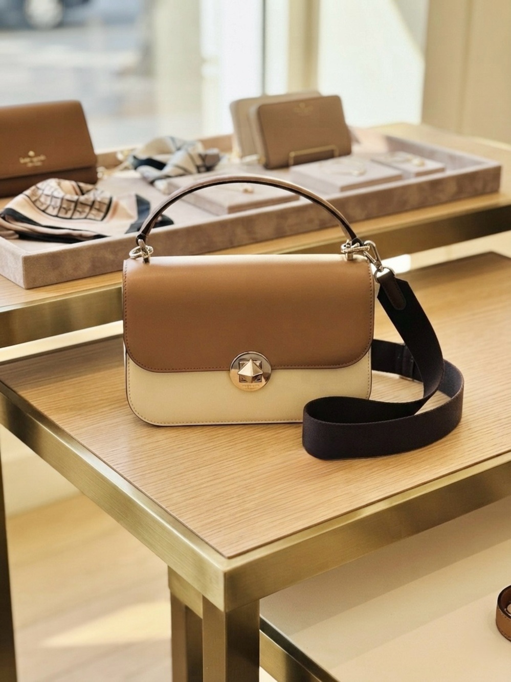 Kate Spade Colorblock Leather Top Handle Crossbody Bag Multi Brown Cream NWOT